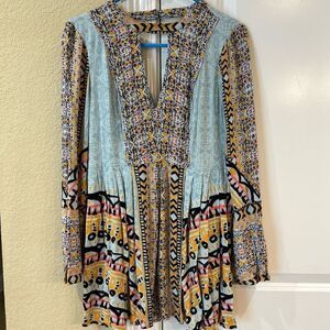 Free People Tegan Border Print Bell Sleeves Mini Dress Tunic size 4